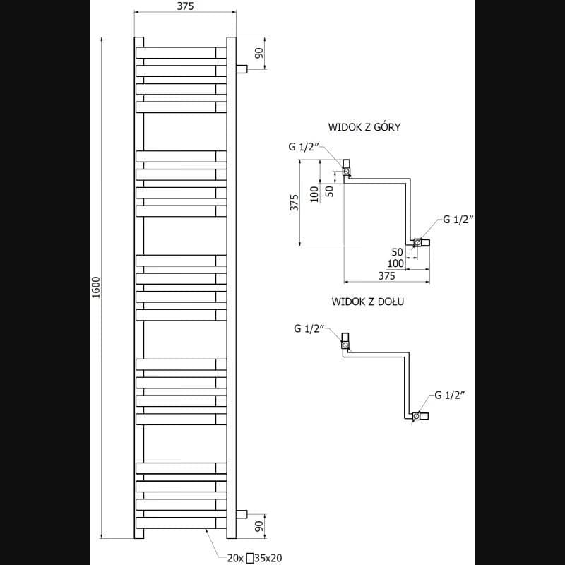 MEXEN - Loop vykurovací rebrík/radiátor 1600 x 375 mm, 837 W, biela W129-1600-350-00-20 3