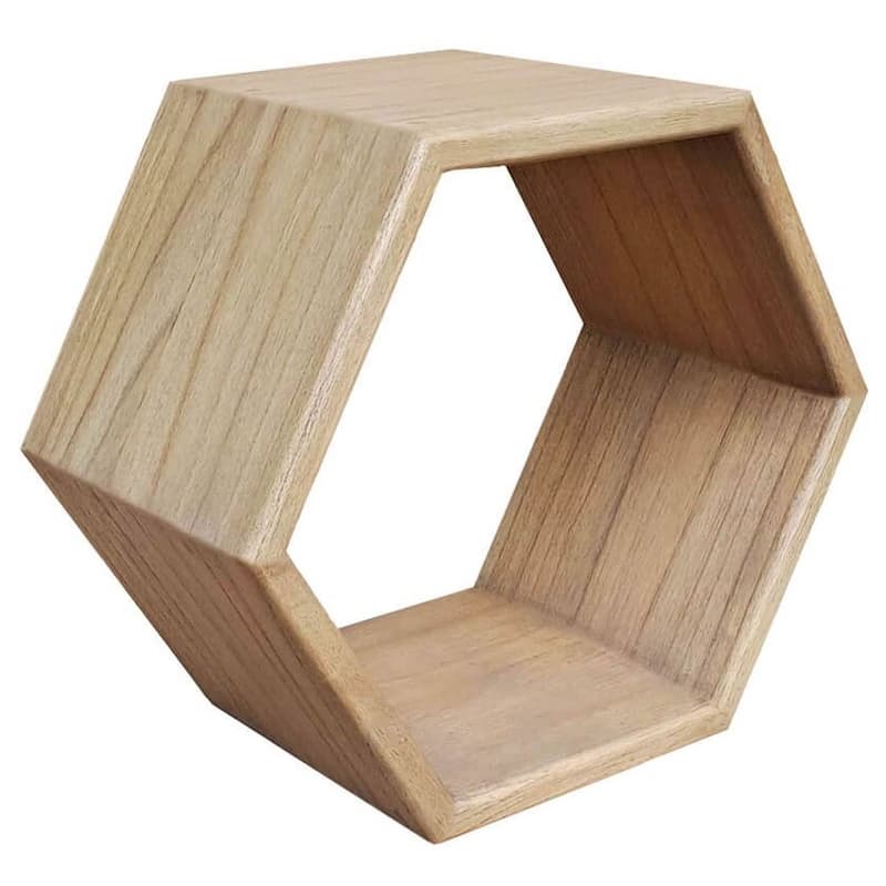 Estila Škandinávska polica Bergen šesťuholníkového geometrického tvaru z hnedého masívneho dreva mindi 40 cm 1