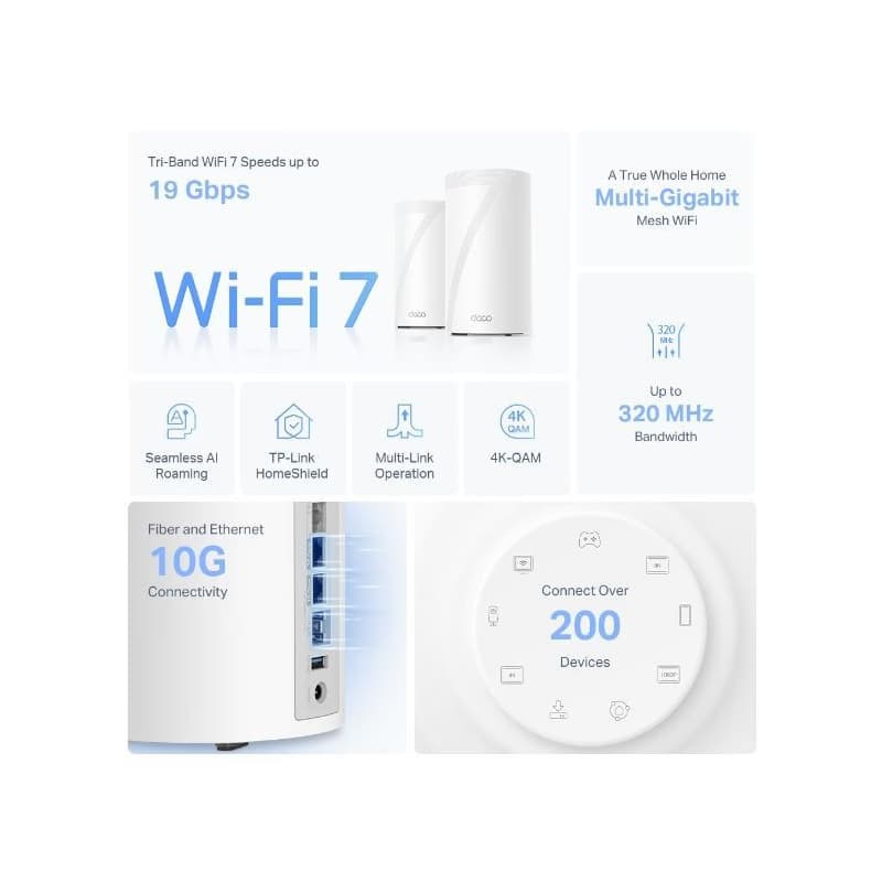TP-Link Deco BE85(1-pack) BE19000 Trojpásmový systém Mesh WiFi 7, 1x 10GLAN, 2x 2.5GLAN, 1x 10GLAN/SFP+, USB, 2,4/5/6GHz, HomeShiel 3