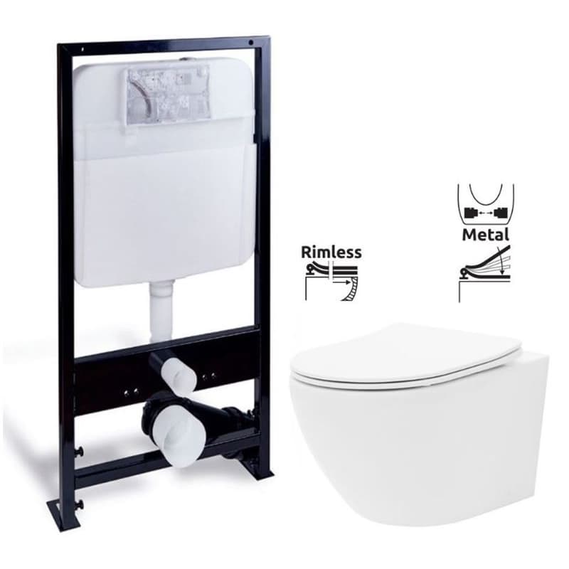 PRIM predstenový inštalačný systém bez tlačidla + WC REA Carlo Flat Mini Rimlesss + SEDADLO PRIM_20/0026 X CF1 1