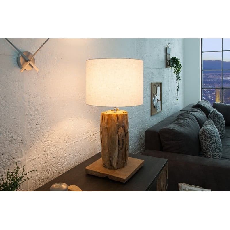 Estila Koloniálna drevená stolná lampa Pole II s polohovateľným ľanovým tienidlom v naturálnej bielej farbe 59-70cm