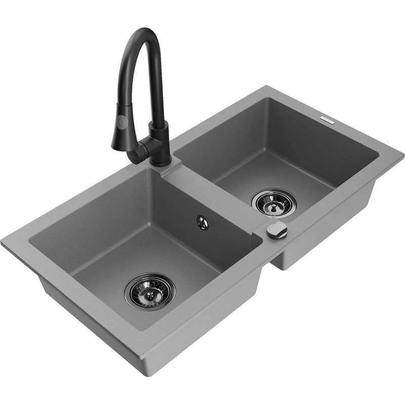 MEXEN/S MEXEN/S - Mario granitový drez 2-bowl vrátane batérie Elia, šedá 6504-71-670101-70-B
