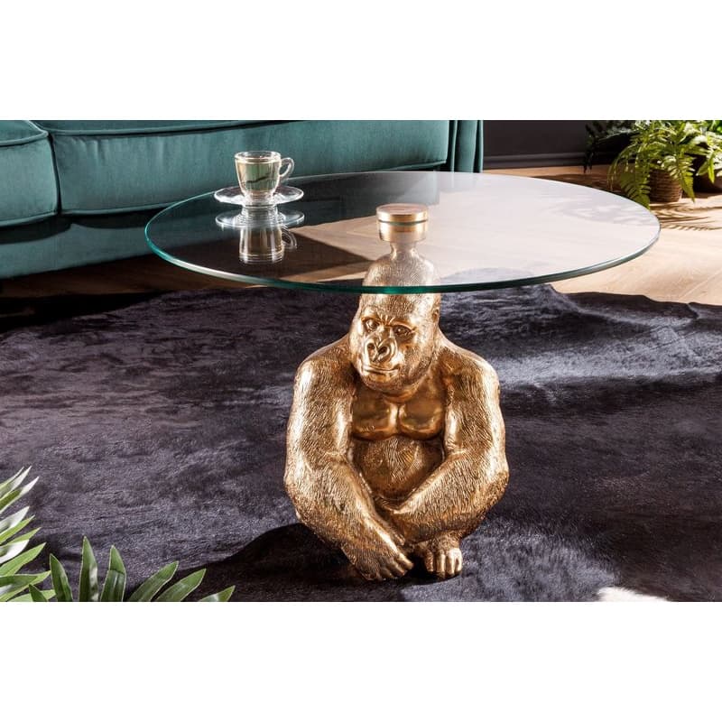 Estila Dizajnový glamour okrúhly konferenčný stolík Wilde s originálnou zlatou podstavou v tvare sediacej gorily 60 cm 1