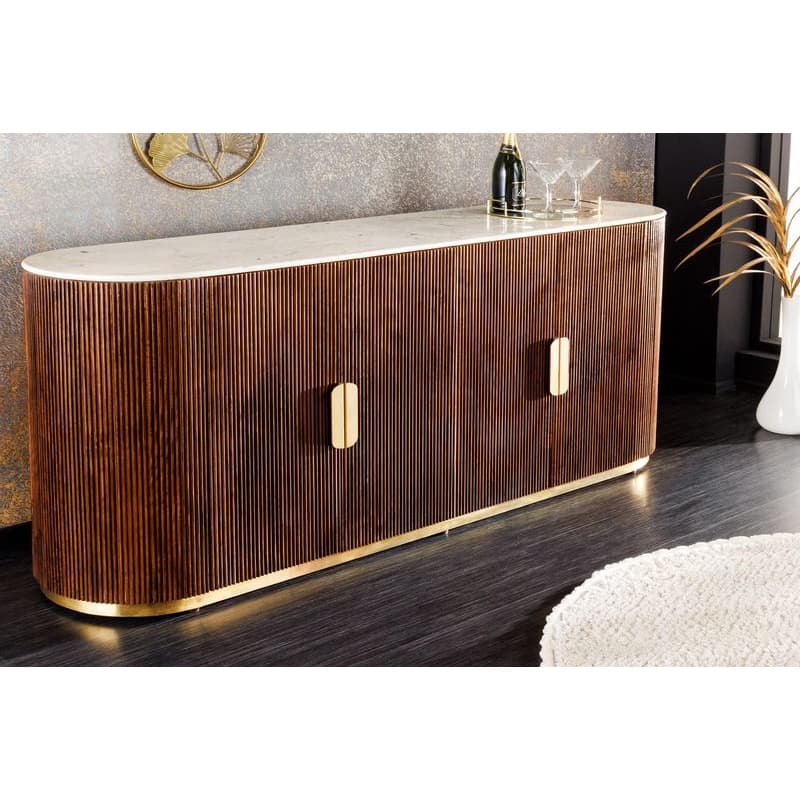 Estila Luxusný art deco oválny štvordverový príborník Gatsby z mangového dreva s mramorovou vrchnou doskou hnedá biela 180 cm 1