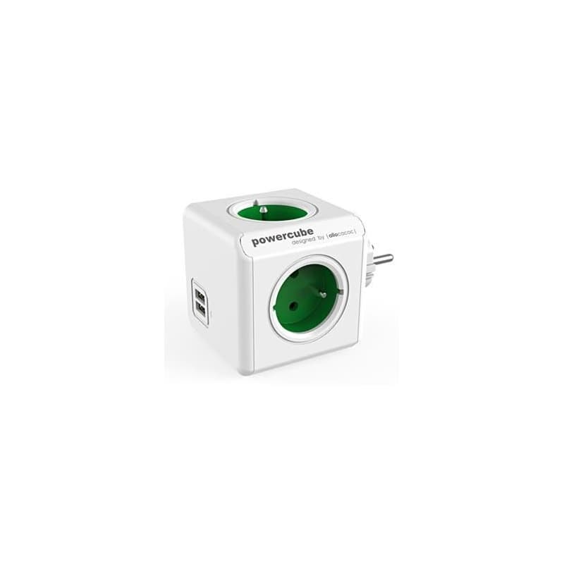 Rozbočovacia zásuvka 240V, CEE7 (vidlica) - POWERCUBE, 0.1m, ORIGINAL USB, zelená, POWERCUBE, 4 zásuvky, 2xUSB porty 1