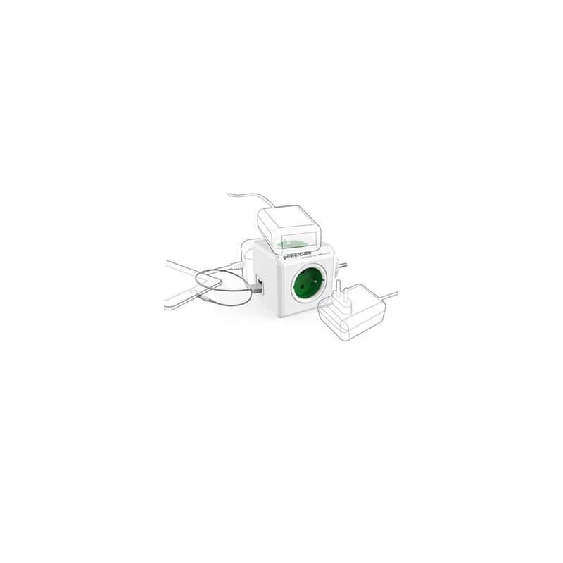 Rozbočovacia zásuvka 240V, CEE7 (vidlica) - POWERCUBE, 0.1m, ORIGINAL USB, zelená, POWERCUBE, 4 zásuvky, 2xUSB porty 2