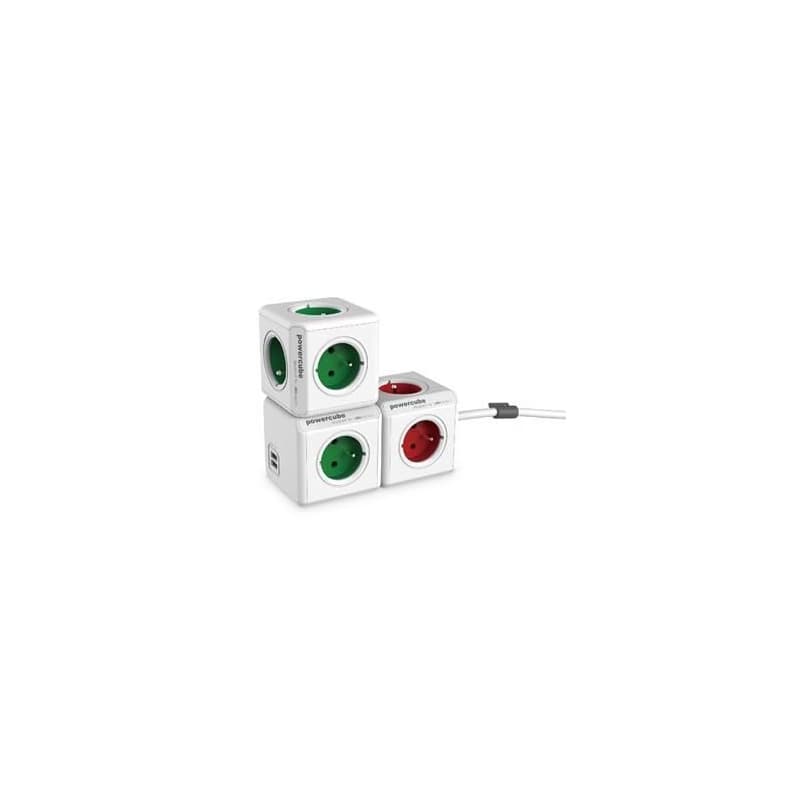 Rozbočovacia zásuvka 240V, CEE7 (vidlica) - POWERCUBE, 0.1m, ORIGINAL USB, zelená, POWERCUBE, 4 zásuvky, 2xUSB porty 3