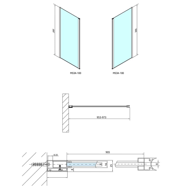 POLYSAN - MODULAR SHOWER stena na inštaláciu na múr, pre pripojenie otoč.panelu 1000  MS3A-100 6