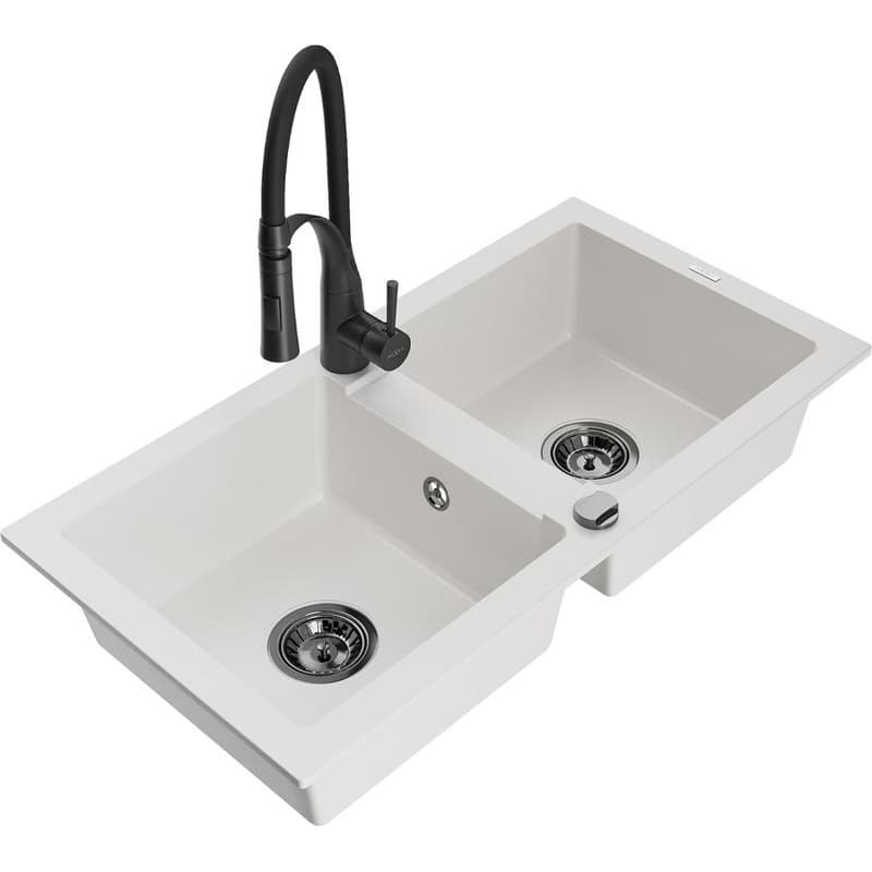 MEXEN/S MEXEN/S - Mario granitový drez 2-bowl vrátane batérie Aster, biela 6504-20-73450-70-B
