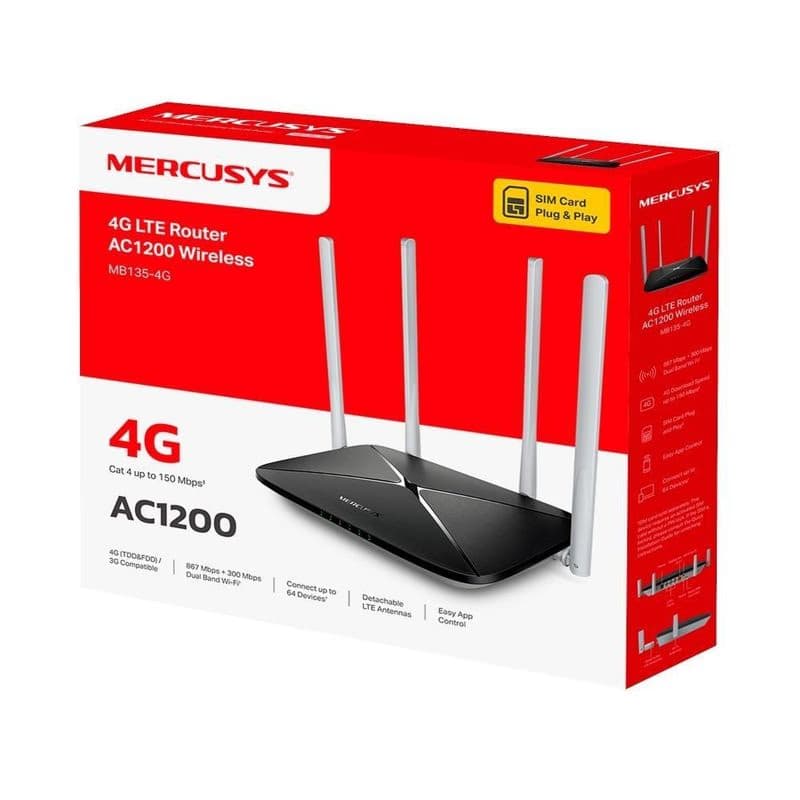 Mercusys MB135-4G WiFi5 router (AC1200, 4G LTE, 2, 4GHz/5GHz, 1x100Mb LAN/WAN, 3x100Mb LAN, 1xnanoSIM) 4