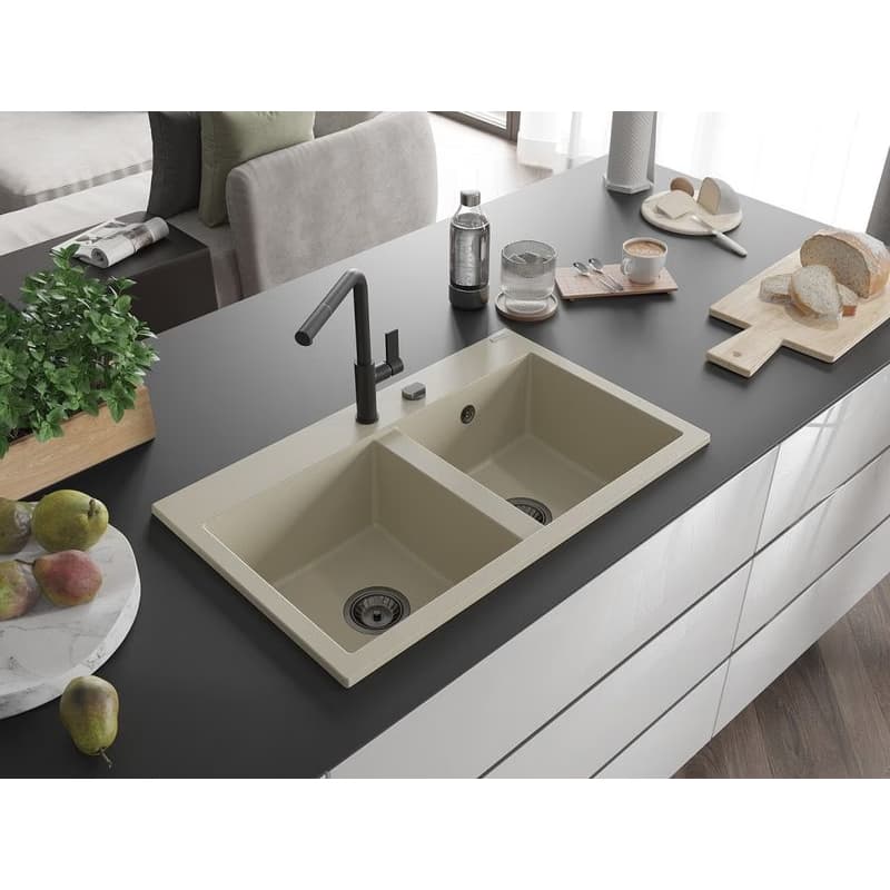 MEXEN/S MEXEN/S - Hektor granitový drez 2-bowl 800 x 480 mm, béžová, čierny sifón 6521802000-69-B 2