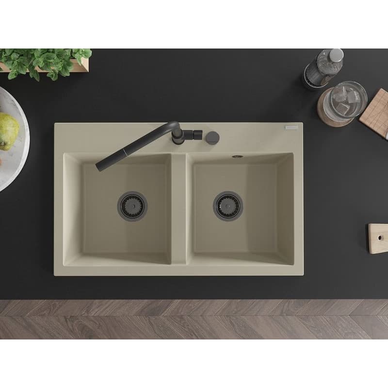 MEXEN/S MEXEN/S - Hektor granitový drez 2-bowl 800 x 480 mm, béžová, čierny sifón 6521802000-69-B 4
