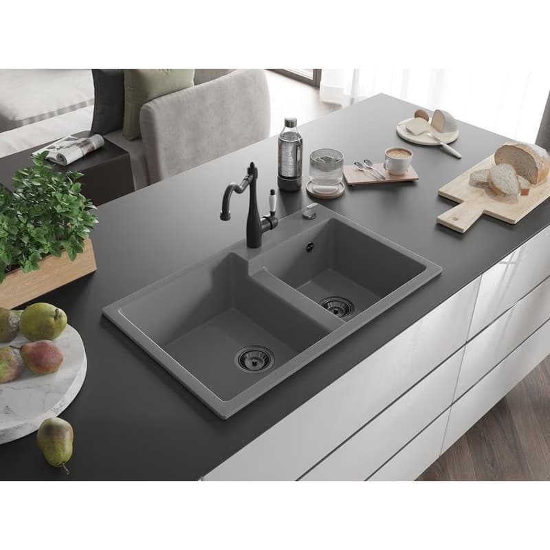 MEXEN/S MEXEN/S - Tomas granitový drez 2-bowl vrátane batérie Carla, šedá 6516-71-670700-70-B 2