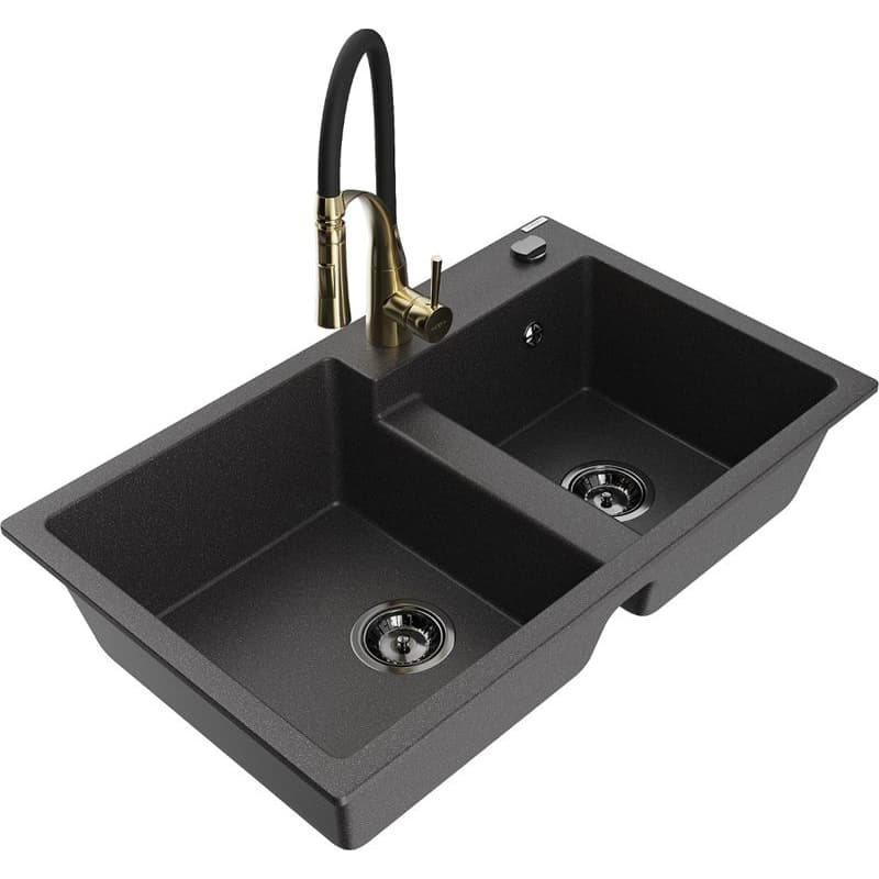 MEXEN/S MEXEN/S - Tomas granitový drez 2-bowl vrátane batérie Aster, čierna kropenatá 6516-76-73450-57-B