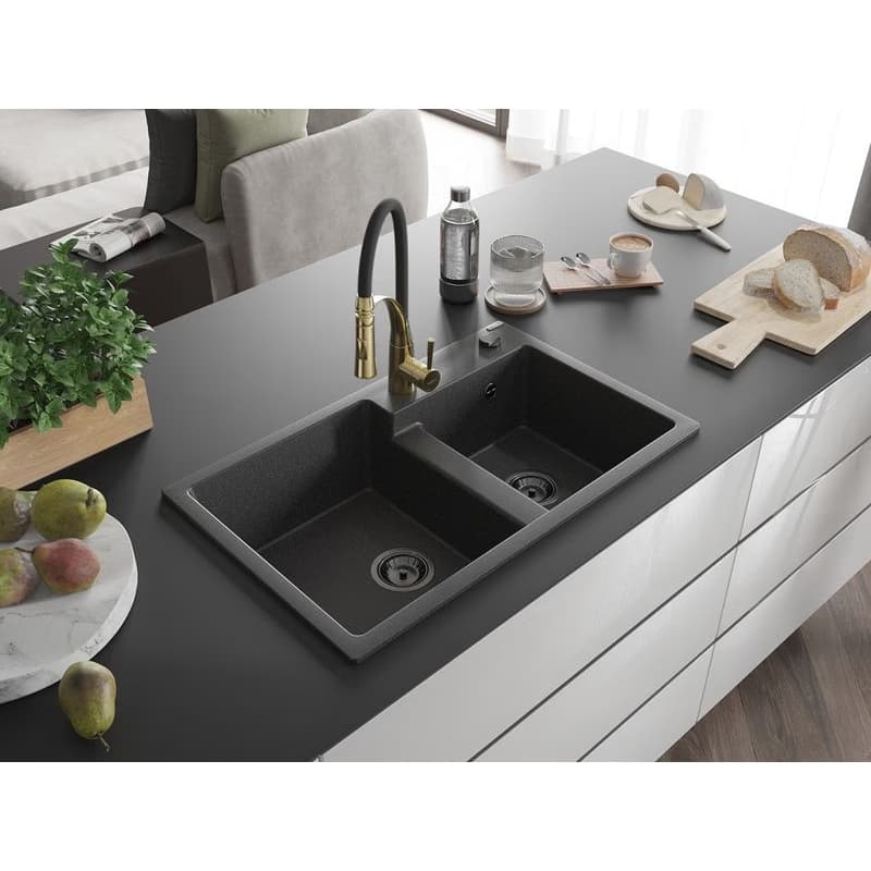 MEXEN/S MEXEN/S - Tomas granitový drez 2-bowl vrátane batérie Aster, čierna kropenatá 6516-76-73450-57-B 2