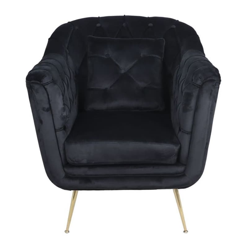Estila Luxusné art deco čierne čalúnené kreslo Melisa so zamatovým prešívaným poťahom a zlatými vysokými kovovými nožičkami 91 cm