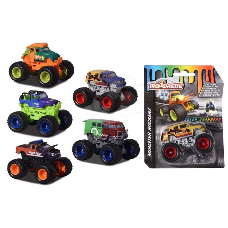 Autíčko meniace farbu Monster Rockerz Color Changers Majorette s odpružením a gumenými kolieskami 7,5 cm dĺžka 5 rôznych druhov 1