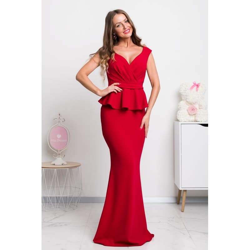 Červené spoločenské šaty s peplum volánikom Veľkosť: XL