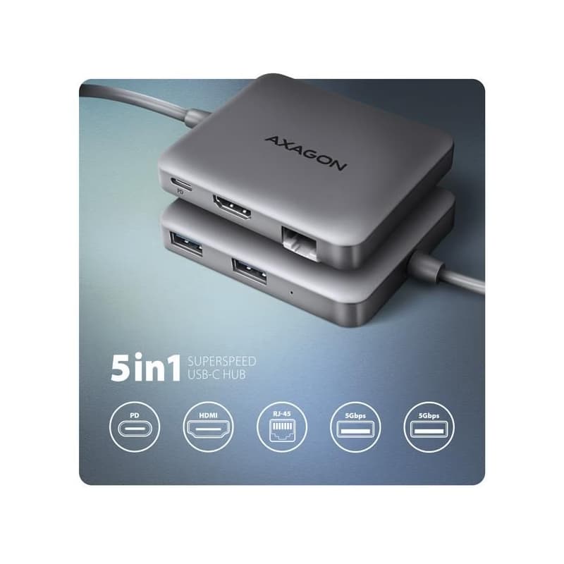 AXAGON HMC-5HL USB 5Gbps húb, 2x USB-A, HDMI 4k/60Hz, RJ-45 GLAN, PD 100W, kábel USB-C 20cm 2