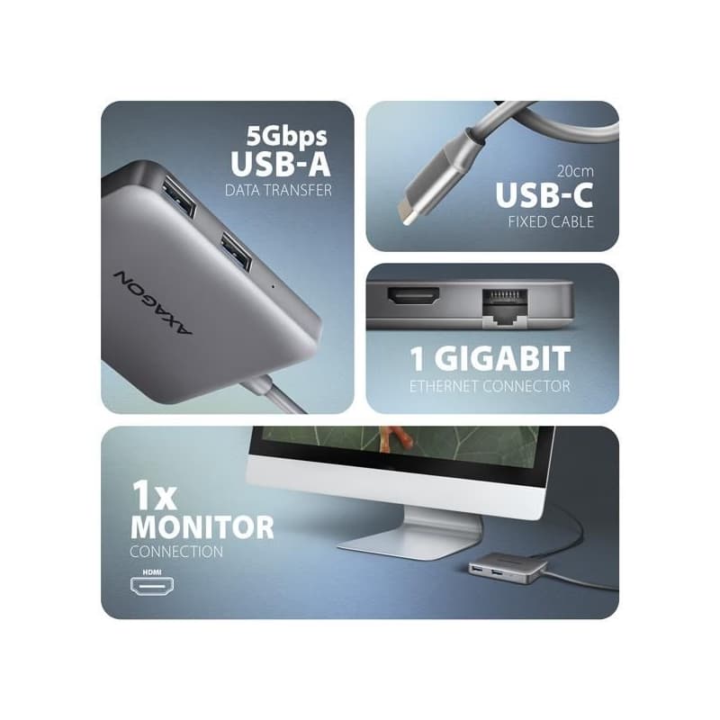 AXAGON HMC-5HL USB 5Gbps húb, 2x USB-A, HDMI 4k/60Hz, RJ-45 GLAN, PD 100W, kábel USB-C 20cm 3