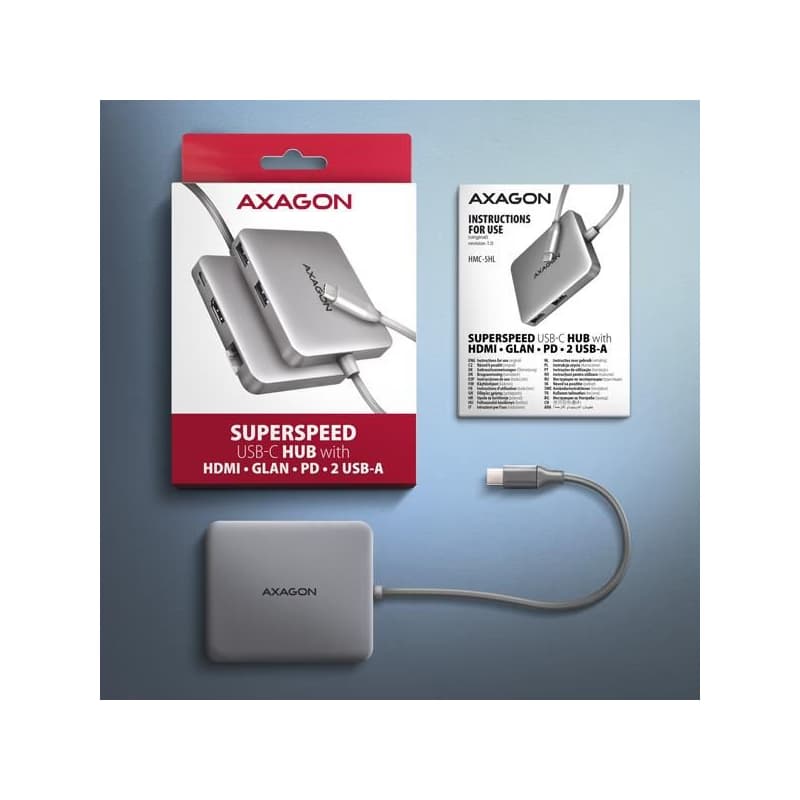 AXAGON HMC-5HL USB 5Gbps húb, 2x USB-A, HDMI 4k/60Hz, RJ-45 GLAN, PD 100W, kábel USB-C 20cm 6