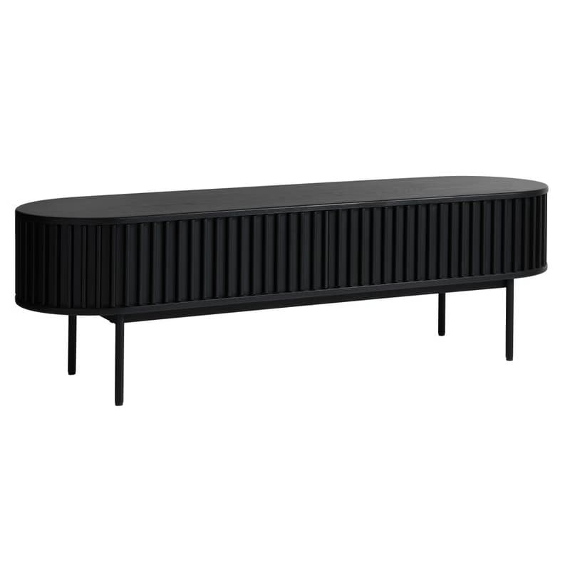 Estila Luxusný moderný TV stolík Odense oválneho tvaru v čiernej farbe s úložným priestorom s posuvnými dvierkami s lamelami 160 cm