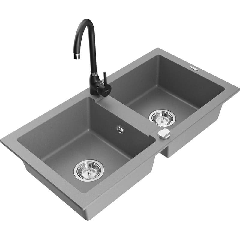 MEXEN/S MEXEN/S - Mario granitový drez 2-bowl vrátane batérie Telma, šedá 6504-71-670200-70 1