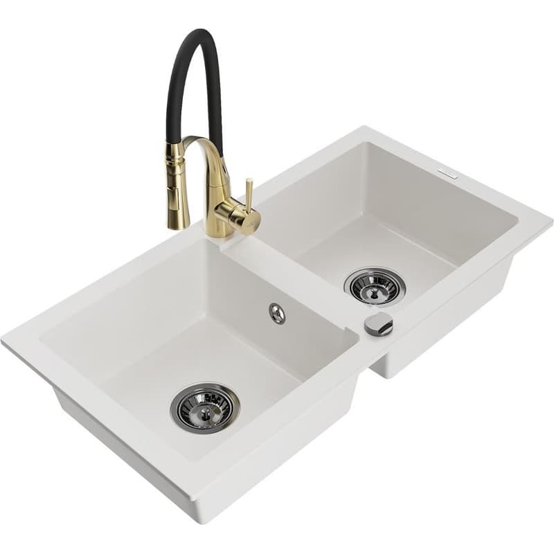 MEXEN/S MEXEN/S - Mario granitový drez 2-bowl vrátane batérie Aster, biela 6504-20-73450-57-B