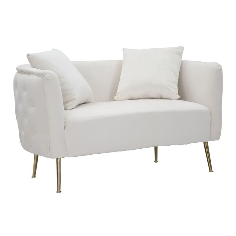 Estila Art deco obdĺžniková biela čalúnená zamatová dvojmiestna sedačka Lienne a oblými opierkami na zlatých kovových nožičkách 127 cm