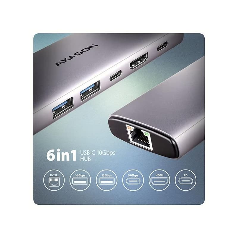 AXAGON HMC-6G2L, USB 10Gb/s húb, 2x USB-A, 1x USB-C, HDMI 4k/60, RJ-45, PD 100W, kábel USB-C 15cm 2