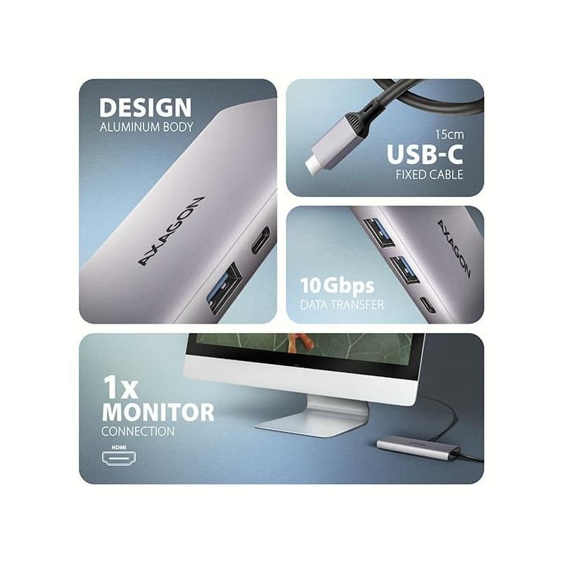 AXAGON HMC-6G2L, USB 10Gb/s húb, 2x USB-A, 1x USB-C, HDMI 4k/60, RJ-45, PD 100W, kábel USB-C 15cm 3