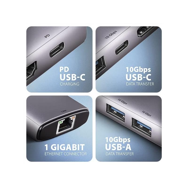 AXAGON HMC-6G2L, USB 10Gb/s húb, 2x USB-A, 1x USB-C, HDMI 4k/60, RJ-45, PD 100W, kábel USB-C 15cm 4