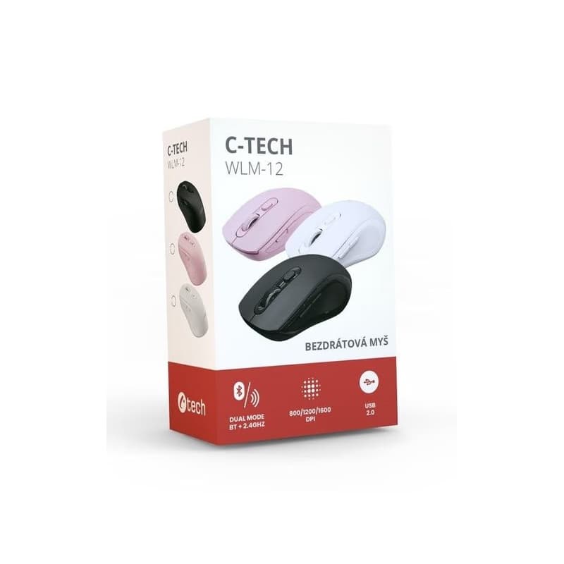 C-TECH myš Dual mode WLM-12BK, bezdrôtová, 1600DPI, 6 tlačidiel, čierna, USB nano receiver 5