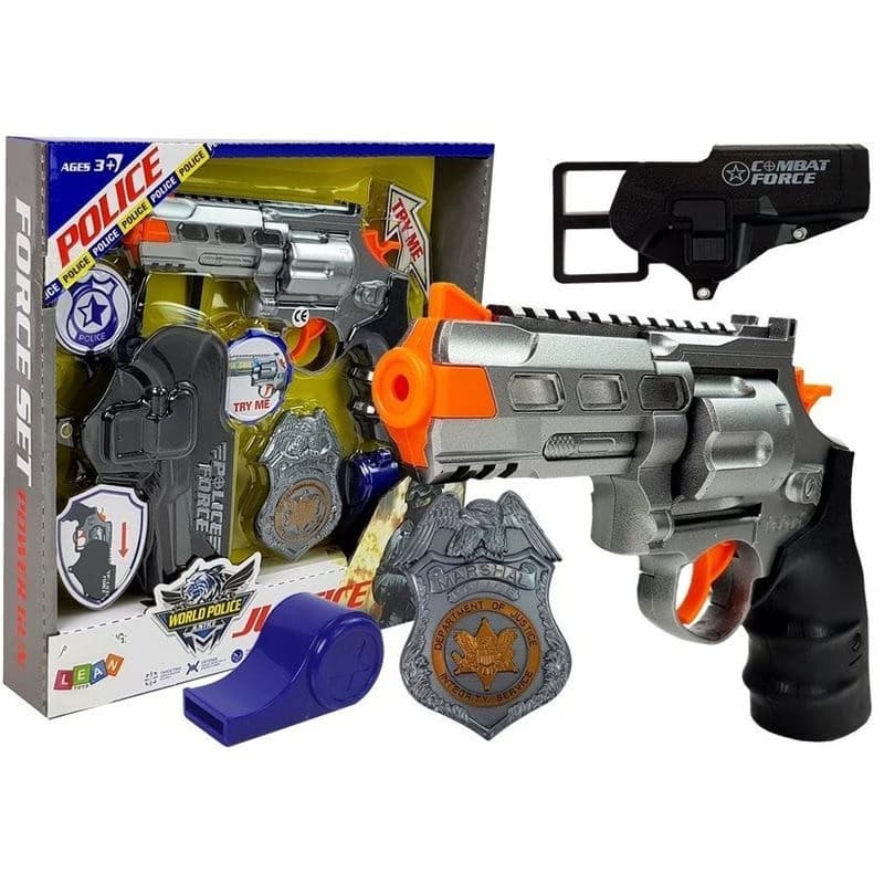 mamido Police Set Revolver 20cm Odznak Púzdro Píšťalka Zvuk Svetelné efekty 1