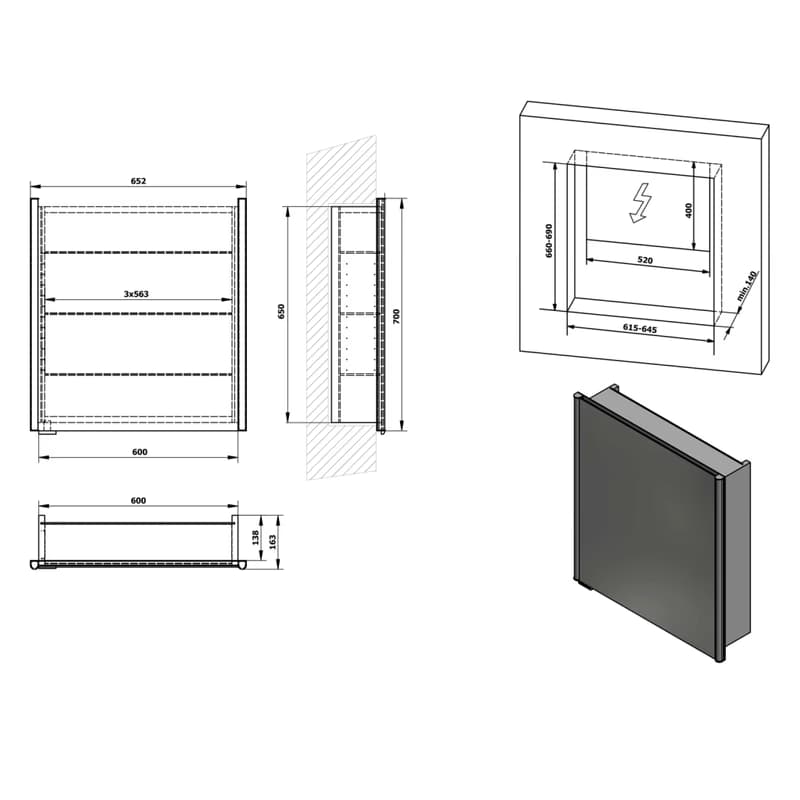 SAPHO - INTEGRA zápustná galérka s LED osvetlením, 65x70cm, ľavá/pravá IN065 2