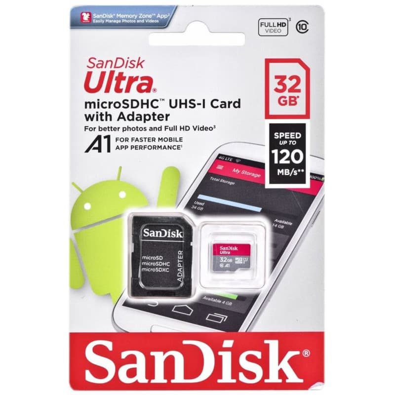 SanDisk MicroSDXC karta 32GB Ultra (120 MB/s, A1 Class 10 UHS-I, Android) + adaptér 5