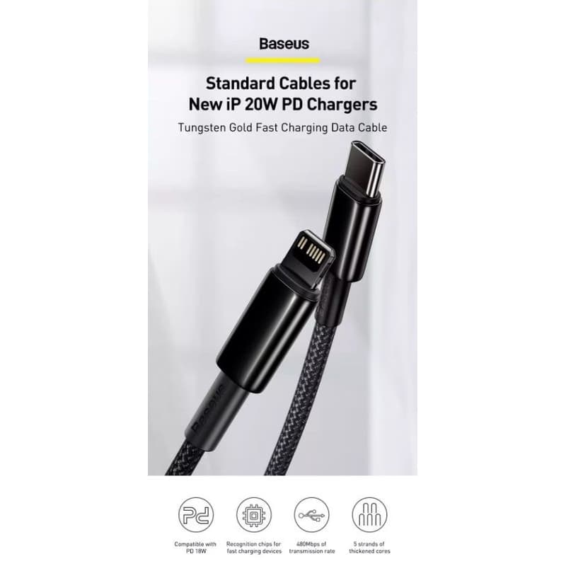 Baseus Tungsten Gold rýchlonabíjací / dátový kábel USB-C na Lightning PD 20W 2m, čierna 3