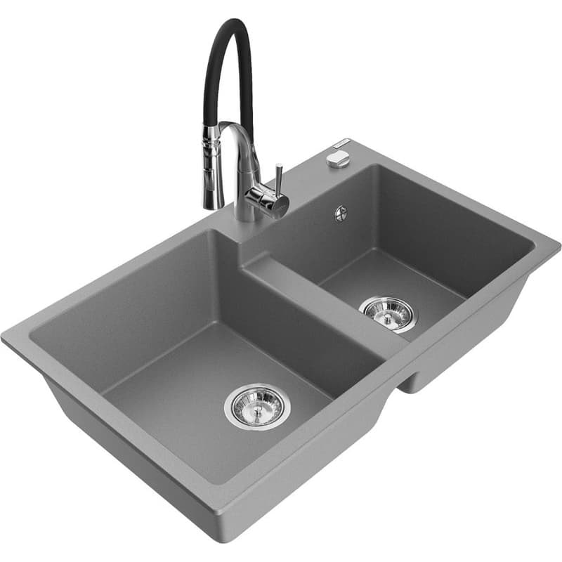 MEXEN/S MEXEN/S - Tomas granitový drez 2-bowl vrátane batérie Aster, šedá 6516-71-73450-07