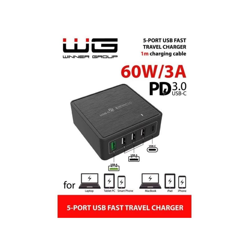 WG - Sieťová nabíjačka 5x USB 60W, 1x USB-A QC 3.0 + 3x USB-A Smart IC + 1x USB-C PD, čierna 2