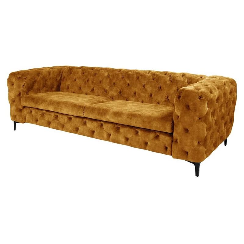 Estila Luxusná trojmiestna chesterfield sedačka Modern Barock so zamatovým poťahom s prešívaním v horčicovej farbe s nožičkami 235 cm 1
