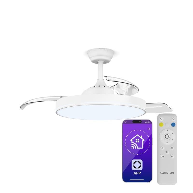 Klarstein AirFold, Inteligentný stropný ventilátor, Zaťahovacie lopatky, Stmievateľné LED svetlo, Smart