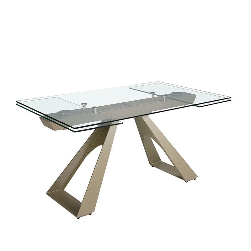 Estila Luxusný sklenený obdĺžnikový rozkladací stôl Forma Moderna s kovovou podstavou v lesklej šampanskej béžovej farbe 160 - 240 cm 1