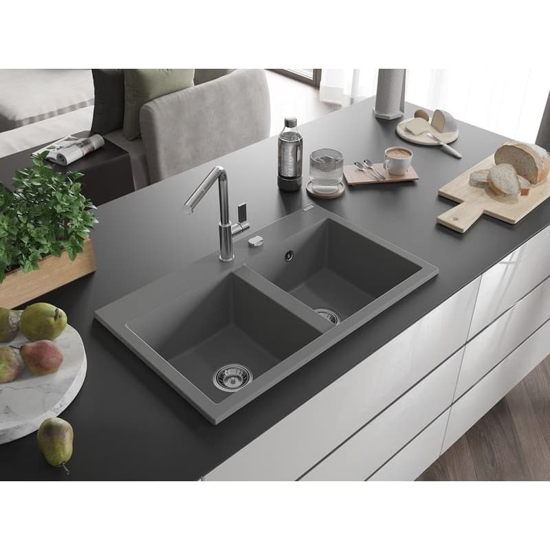 MEXEN MEXEN - Hektor granitový drez 2-bowl 800 x 480 mm, sivá, sifón chróm 6521802000-71 2