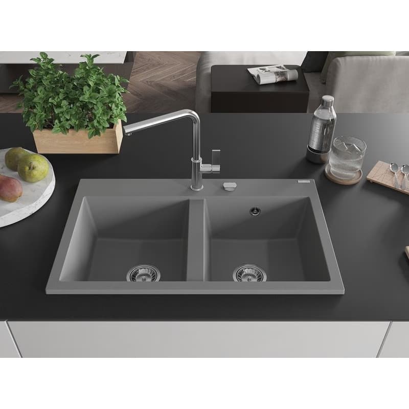 MEXEN MEXEN - Hektor granitový drez 2-bowl 800 x 480 mm, sivá, sifón chróm 6521802000-71 3