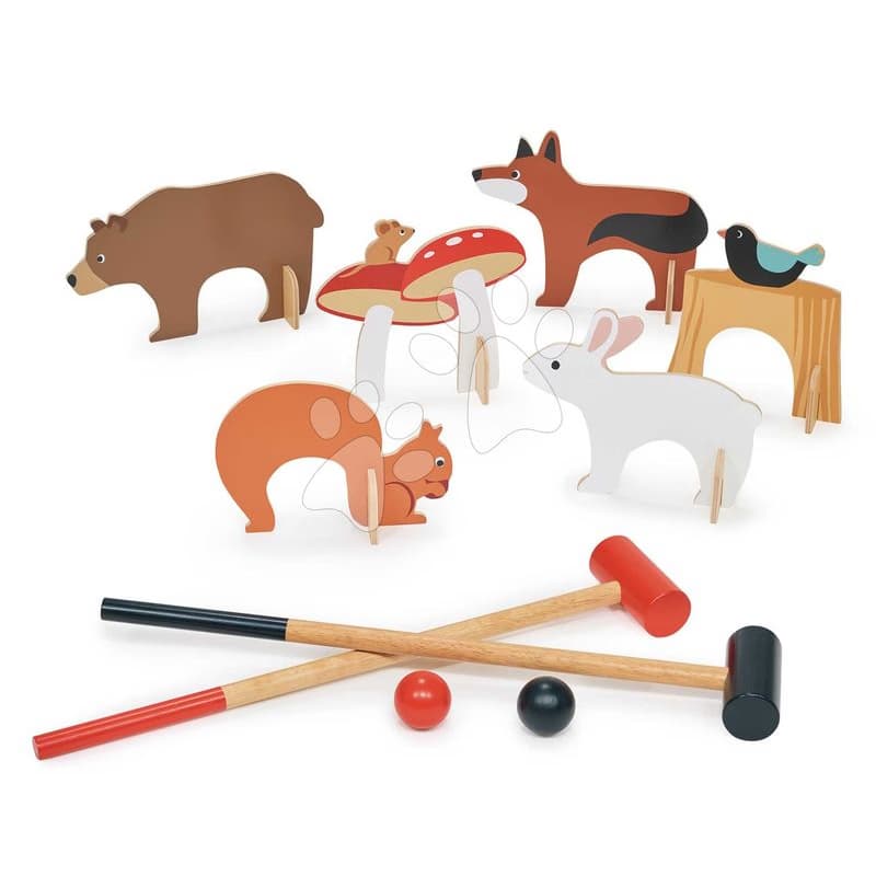 Drevená sada na kroket Woodland Indoor Croquet Set Tender Leaf Toys 2 palice s loptičkami a 6 bránok v tvare zvieratiek v plátenej taške