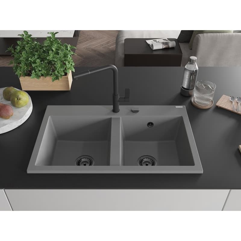 MEXEN/S MEXEN/S - Hektor granitový drez 2-bowl 800 x 480 mm, sivá, čierny sifón 6521802000-71-B 3