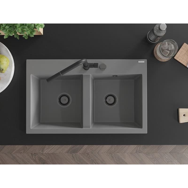 MEXEN/S MEXEN/S - Hektor granitový drez 2-bowl 800 x 480 mm, sivá, čierny sifón 6521802000-71-B 4