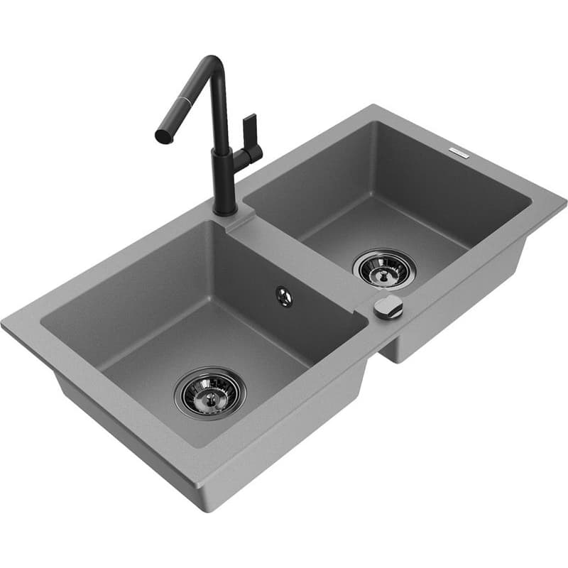 MEXEN/S MEXEN/S - Mario granitový drez 2-bowl vrátane batérie Flora, šedá 6504-71-670401-70-B 1