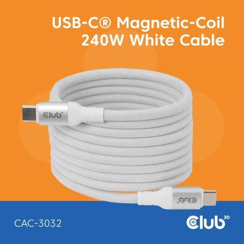 Club3D Kábel magnetický USB-C, 240W PD3.1, 480 Mbps, 2m, biela 1