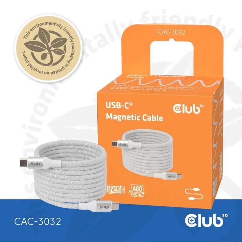 Club3D Kábel magnetický USB-C, 240W PD3.1, 480 Mbps, 2m, biela 6